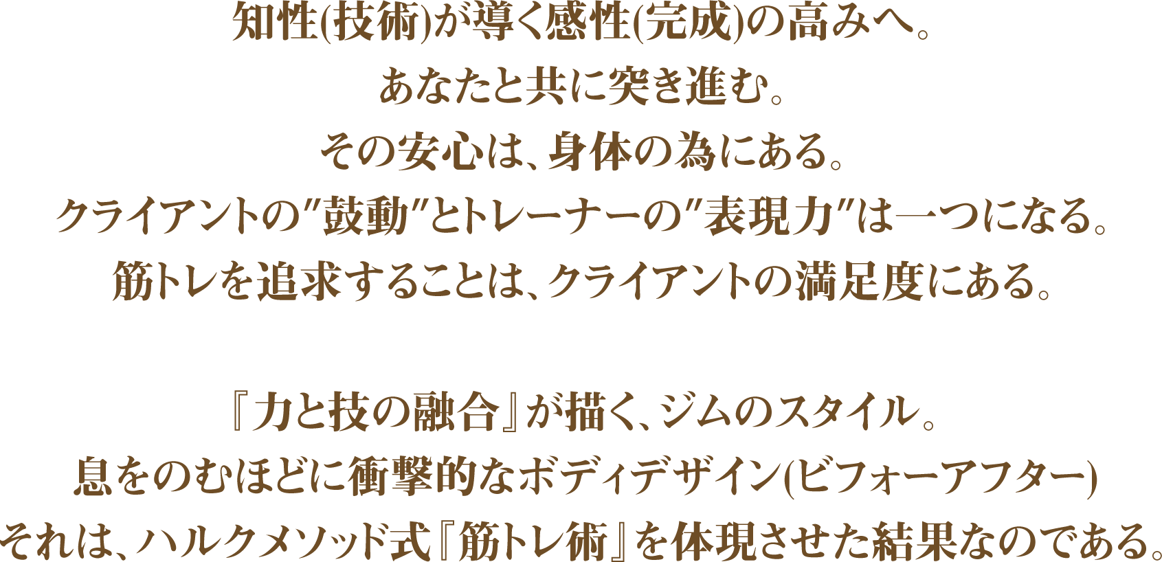 知性(技術)が導く感性(完成)の高みへ。あなたと共に突き進む。その安心は、身体の為にある。クライアントの鼓動とトレーナーの表現力は一つになる。筋トレを追求することは、クライアントの満足度にある。